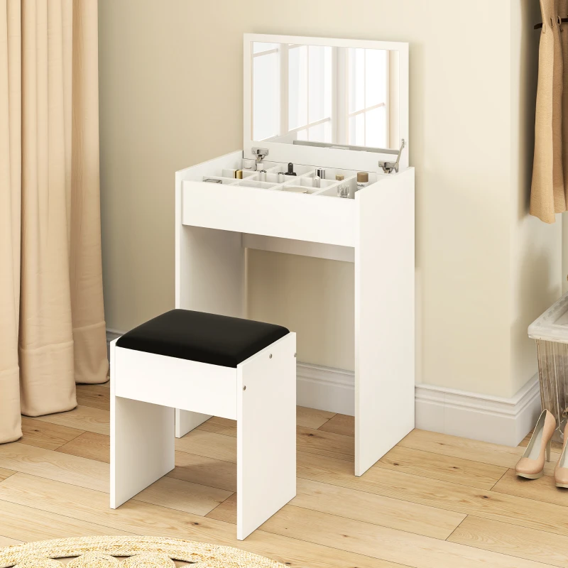 HOMCOM Modern Vanity Set with Makeup Table and Cushioned Stool, Dressing Table with Flip Top and Mirror for Bedroom, White