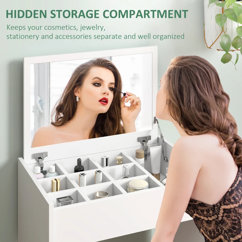 HOMCOM Modern Vanity Set with Makeup Table and Cushioned Stool, Dressing Table with Flip Top and Mirror for Bedroom, White