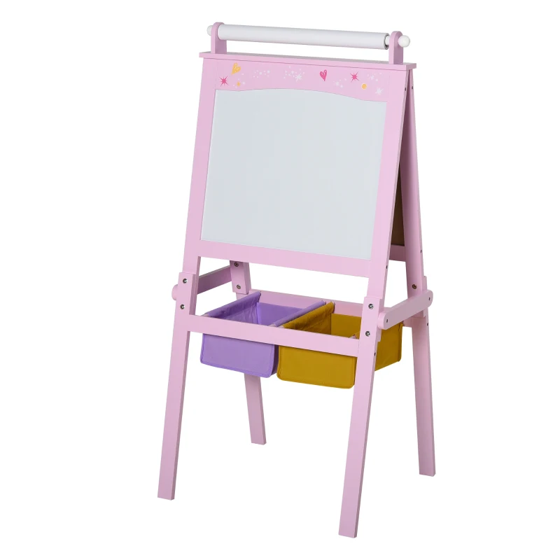 Qaba 3 In 1 Kids Wooden Art Easel with Paper Roll, Double-Sided, Chalkboard & Whiteboard, Storage Baskets, Pink