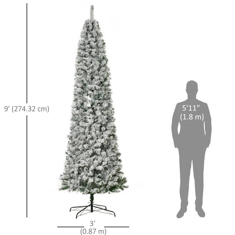 HOMCOM 9ft Pre Lit Christmas Tree Artificial Snow Flocked Pencil Christmas Tree with Warm White LED Light, Holiday Home Xmas Decoration, Green