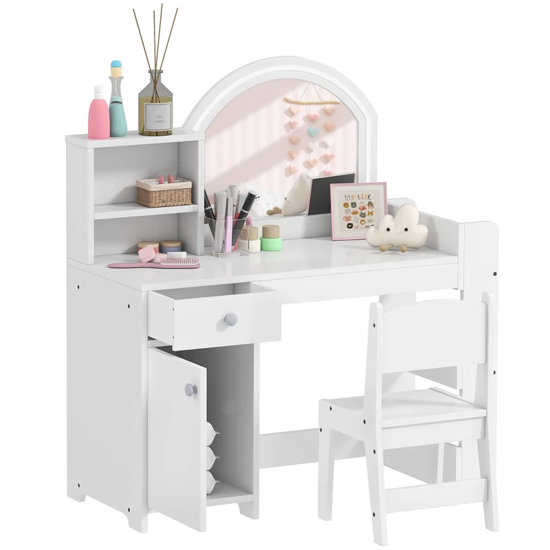 Qaba Kids Vanity Set, Toddler Dressing Table and Chair Set  with Lighted Mirror, Cabinet, Drawer and Shelves, White