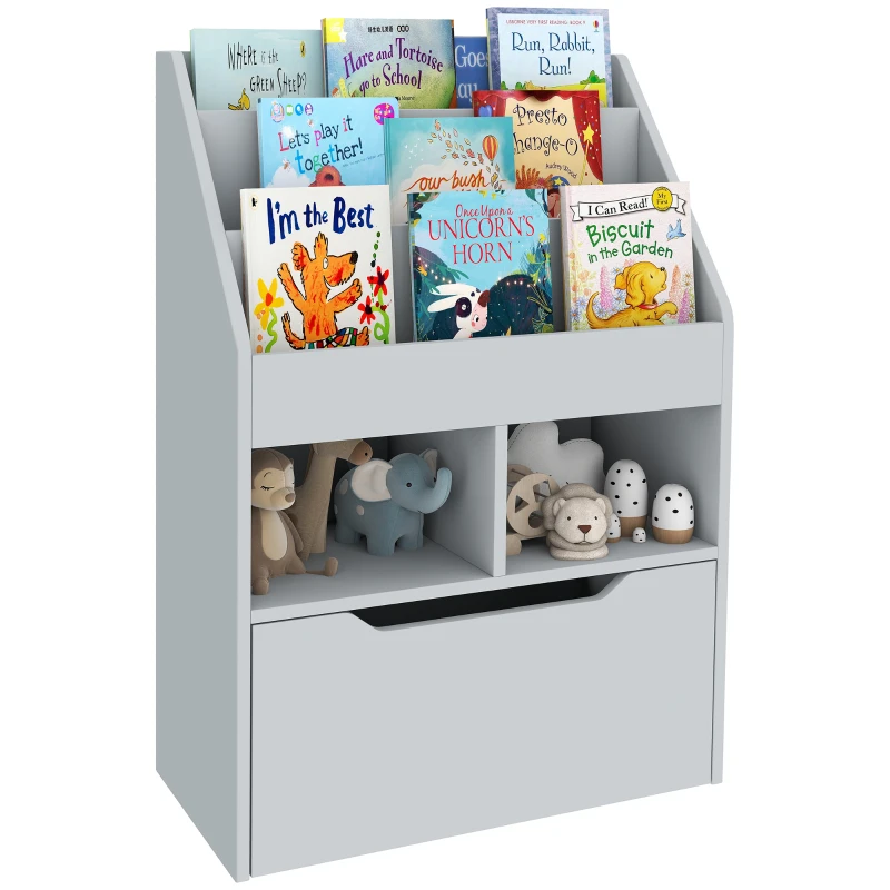 HOMCOM Kids Bookcase Multi-Shelf Rack Organizer with Storage Drawer for Books for Reading Nook, Classroom, Bedroom, Playroom, Grey