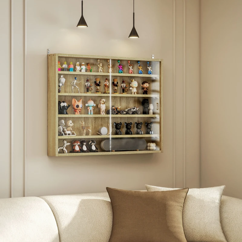 HOMCOM 5-Tier Display Cabinet, Wall-Mounted Display Case with 2 Glass Doors and Adjustable Shelves, Oak