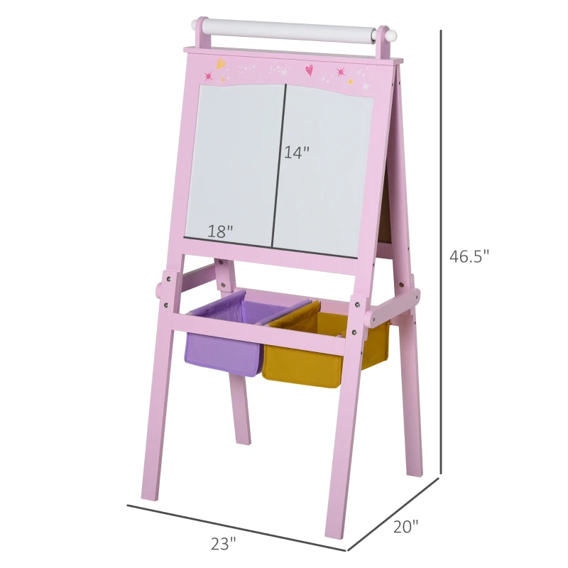 Qaba 3 In 1 Kids Wooden Art Easel with Paper Roll, Double-Sided, Chalkboard & Whiteboard, Storage Baskets, Pink