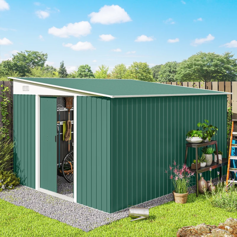 Outsunny 11' x 9' Steel Garden Storage Shed, Outdoor Metal Tool House with Double Sliding Doors & 2 Air Vents, Green