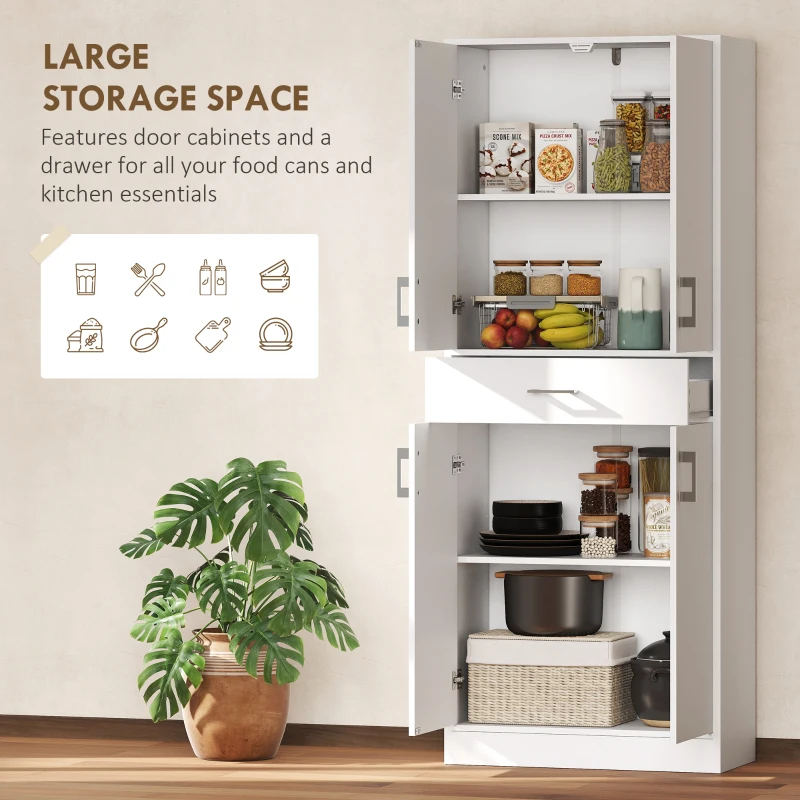HOMCOM 71" Kitchen Pantry Cabinet with Drawer and Adjustable Shelf, Freestanding Tall Storage Cabinet with 2 Double Door Cupboards, White