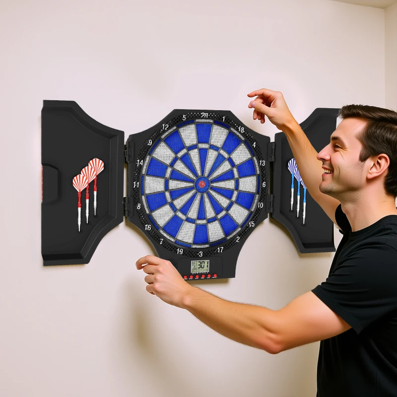 Soozier Electronic Dartboard Set with 31 Games and 285 Programs for 8 Players, Soft Tip Dart Board Set with Cabinet, 6 Darts and 6 Spare Tips, LCD Display