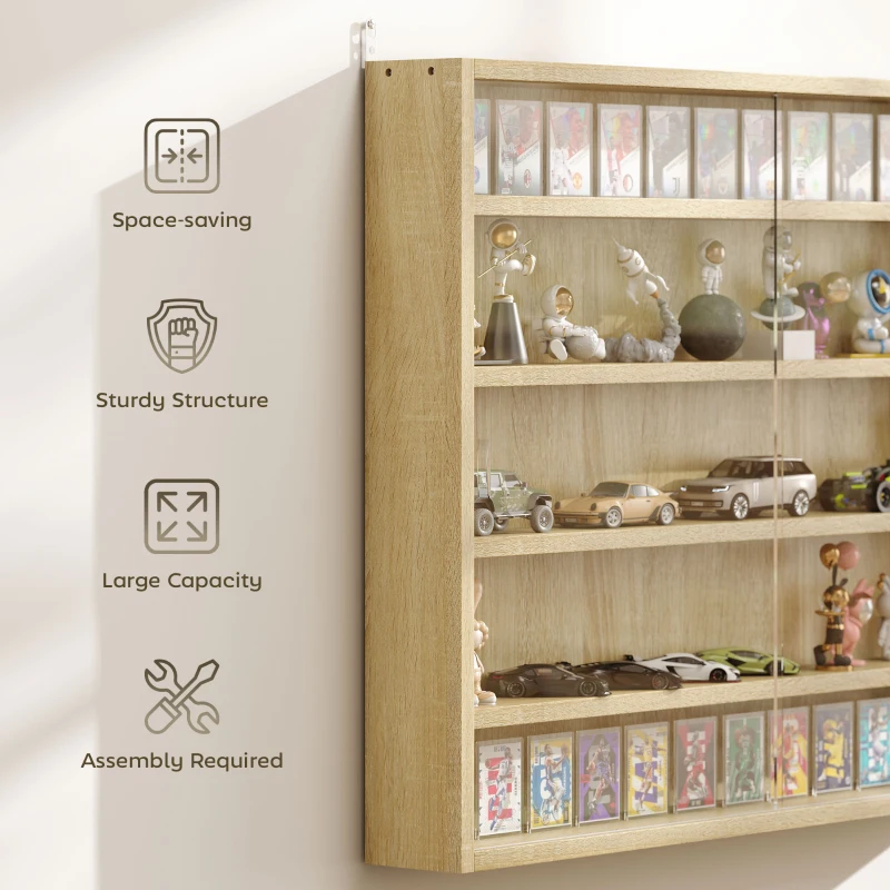HOMCOM 5-Tier Display Cabinet, Wall-Mounted Display Case with 2 Glass Doors and Adjustable Shelves, Oak