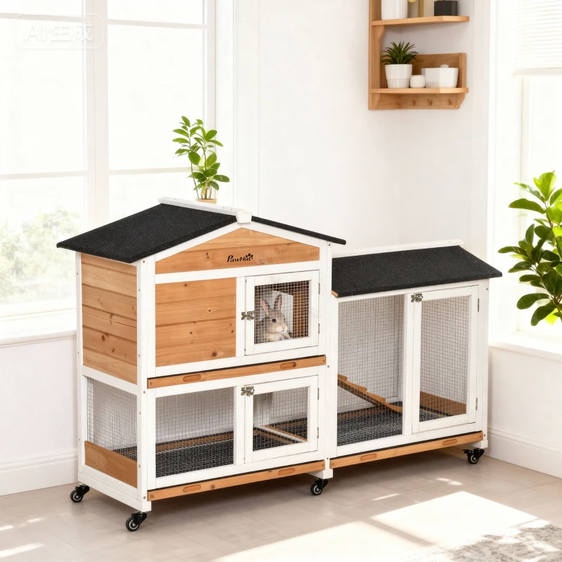 PawHut 62" Wooden Rabbit Hutch with Wheels, Run Box, Tray, Ramp for Small Animals, Guinea Pig, Indoor Outdoor Use, Yellow