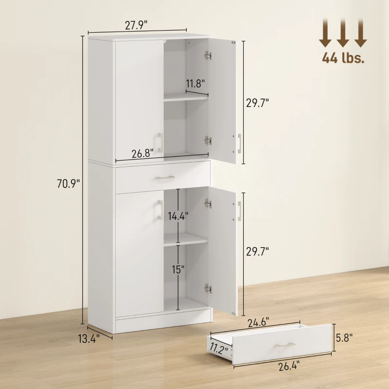 HOMCOM 71" Kitchen Pantry Cabinet with Drawer and Adjustable Shelf, Freestanding Tall Storage Cabinet with 2 Double Door Cupboards, White