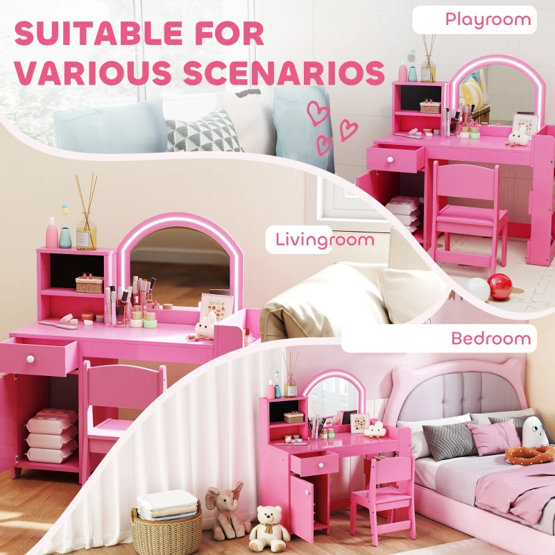 Qaba Kids Vanity Set, Toddler Dressing Table and Chair Set  with Lighted Mirror, Cabinet, Drawer and Shelves, Pink