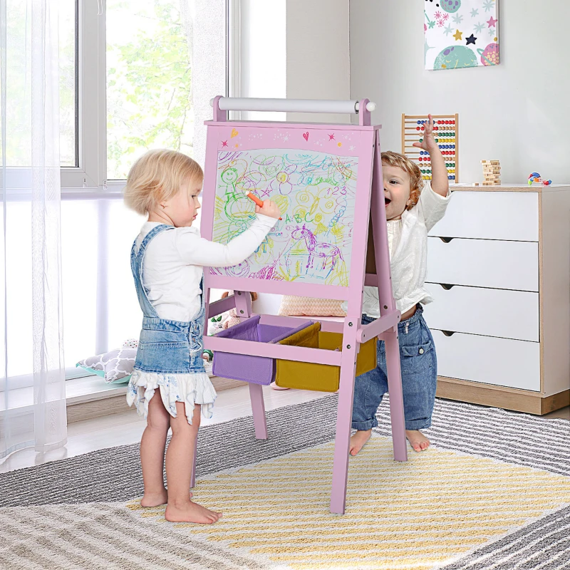 Qaba 3 In 1 Kids Wooden Art Easel with Paper Roll, Double-Sided, Chalkboard & Whiteboard, Storage Baskets, Pink
