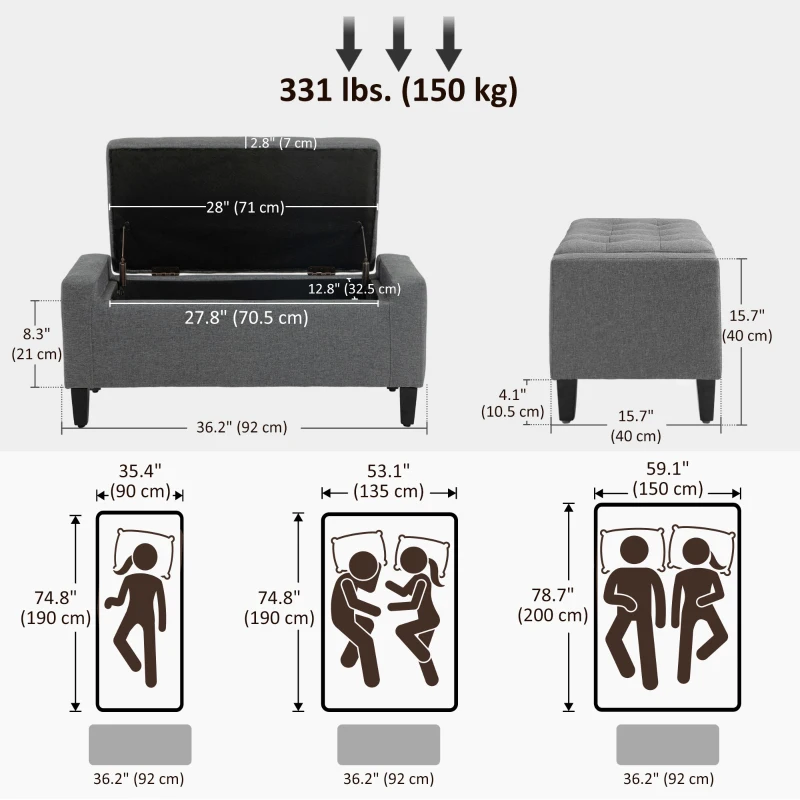 HOMCOM Storage Ottoman Bench Linen-Touch Fabric Tufted Chest Footstool with Flipping Top, Grey