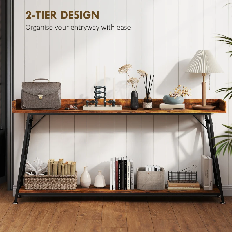 HOMCOM 71" Extra Long Console Table with Storage Shelf and Guardrails, Industrial Entryway Table for Living Room, Rustic Brown