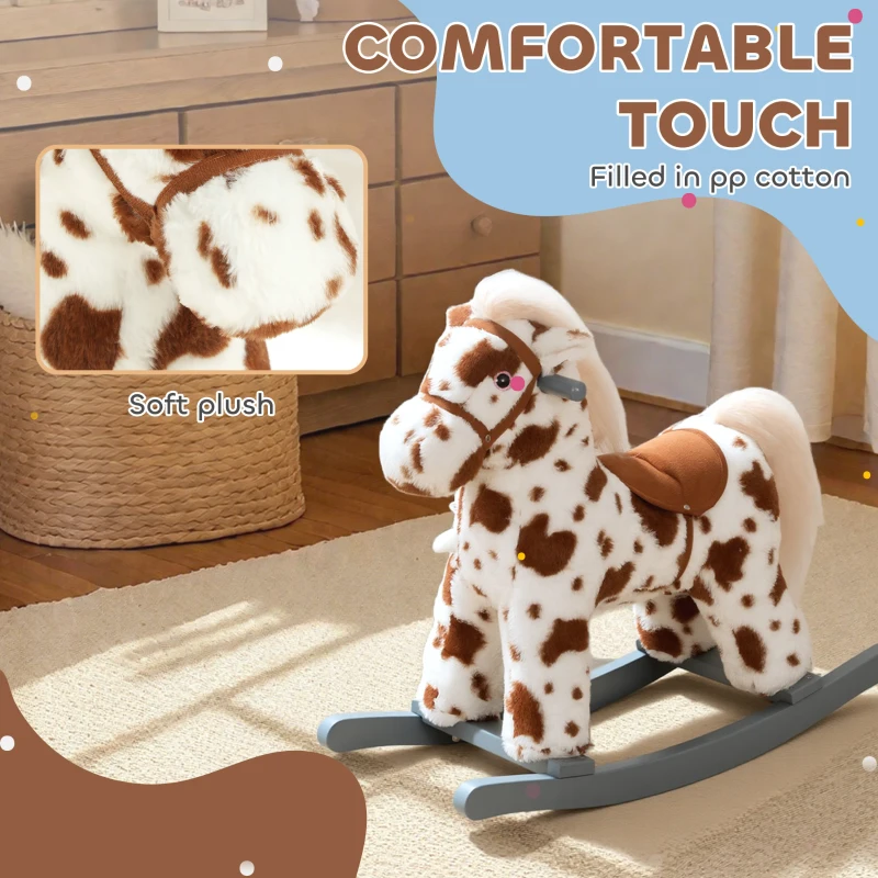 Qaba Rocking Horse, Animal Rocker with Rabbit Toy and Realistic Sound for Toddlers, Soft Filling Ride on Pony, Brown