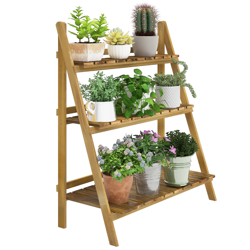 Outsunny Outdoor Plant Stand, Foldable Flower Stand 3-Tier Wooden Plant Shelf for Garden Indoor Outdoor, 32" x 14" x 37"