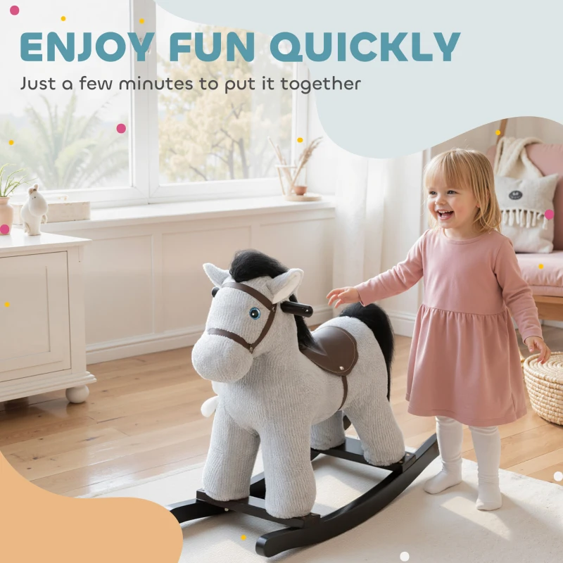 Qaba Kids Rocking Horse, Plush Toddler Ride on Toy with Realistic Sound and Toy for 2–5 Years Old, Gray