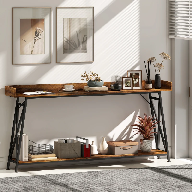 HOMCOM 71" Extra Long Console Table with Storage Shelf and Guardrails, Industrial Entryway Table for Living Room, Rustic Brown