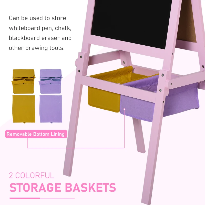 Qaba 3 In 1 Kids Wooden Art Easel with Paper Roll, Double-Sided, Chalkboard & Whiteboard, Storage Baskets, Pink