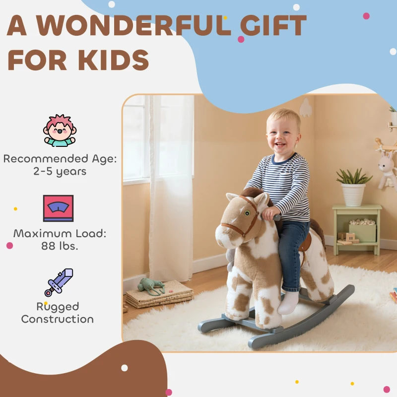 Qaba Rocking Horse, Kids Plush Horse Rocker with Rabbit Toy and Realistic Sound for Toddlers 2–5 Years Old, Brown