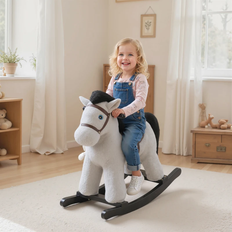 Qaba Kids Rocking Horse, Plush Toddler Ride on Toy with Realistic Sound and Toy for 2–5 Years Old, Gray