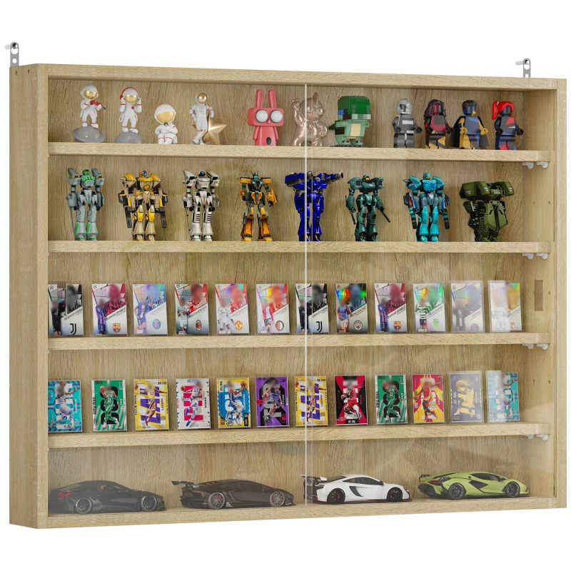 HOMCOM 5-Tier Display Cabinet, Wall-Mounted Display Case with 2 Glass Doors and Adjustable Shelves, Oak