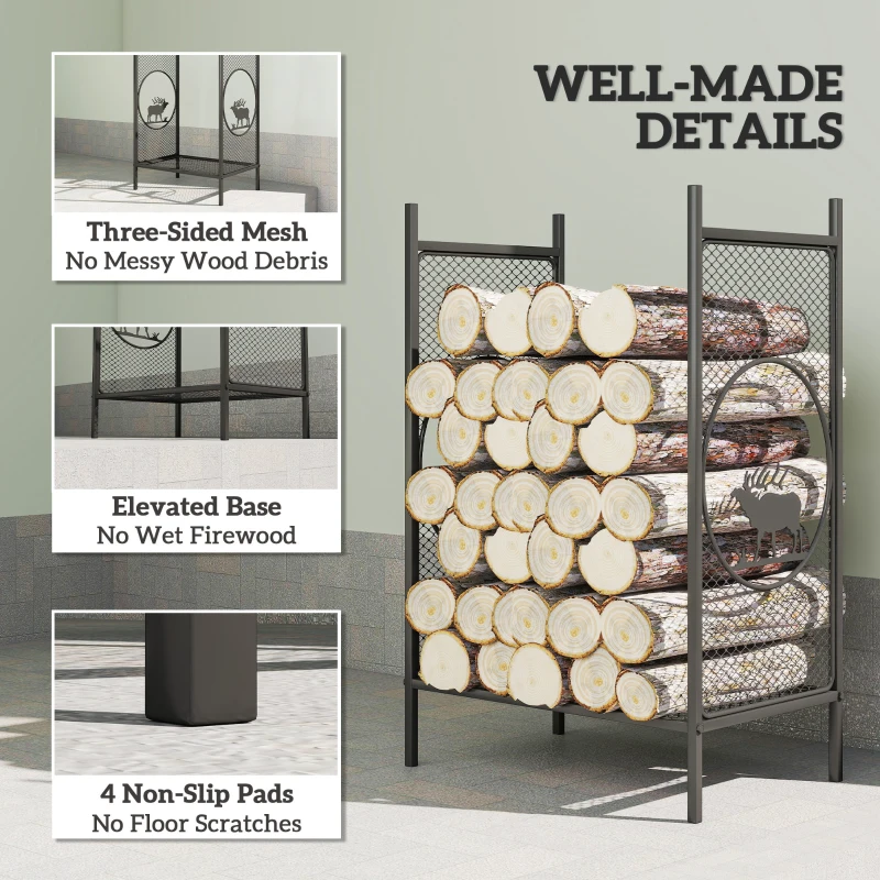Outsunny Firewood Rack Outdoor, 19" Heavy Duty Metal Fireplace Log Holder with Mesh Sides and Decorative Deer Patterns