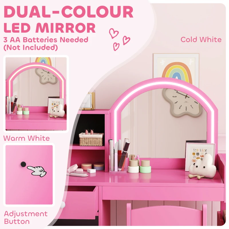 Qaba Kids Vanity Set, Toddler Dressing Table and Chair Set  with Lighted Mirror, Cabinet, Drawer and Shelves, Pink