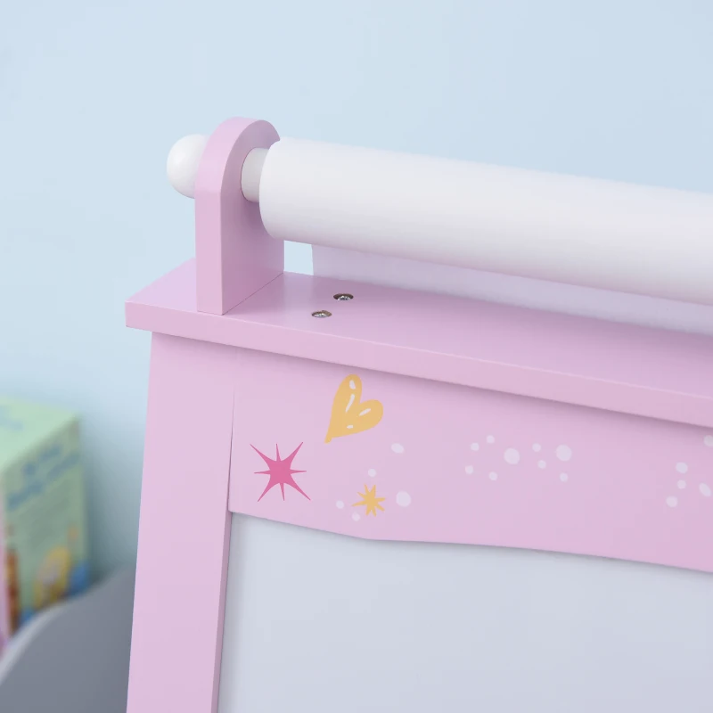 Qaba 3 In 1 Kids Wooden Art Easel with Paper Roll, Double-Sided, Chalkboard & Whiteboard, Storage Baskets, Pink