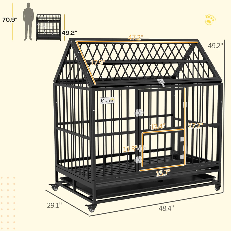PawHut 48" Heavy Duty Dog Crate with 4 Lockable Wheels, Double Doors, and Removable Tray, for XL and L Dogs