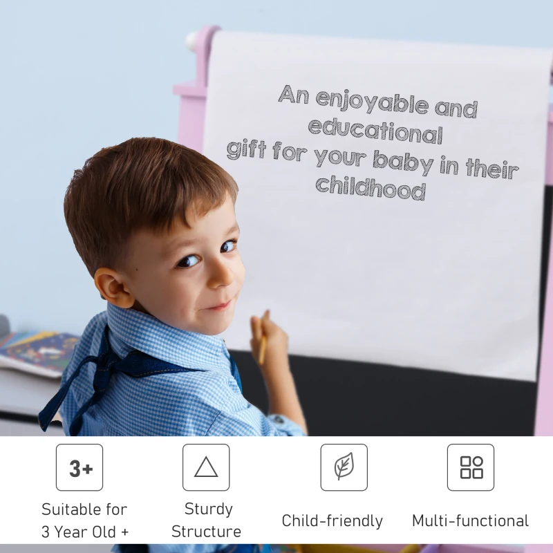 Qaba 3 In 1 Kids Wooden Art Easel with Paper Roll Double-Sided Chalkboard & Whiteboard with Storage Baskets Gift for Toddler Girl Age 3 Years+ Pink