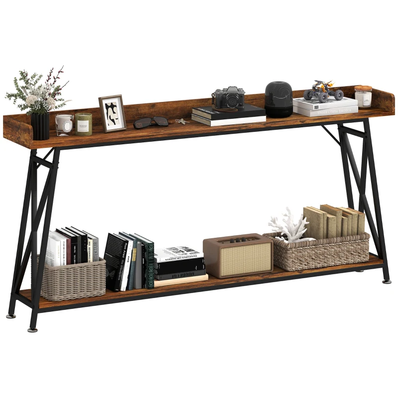 HOMCOM 71" Extra Long Console Table with Storage Shelf and Guardrails, Industrial Entryway Table for Living Room, Rustic Brown