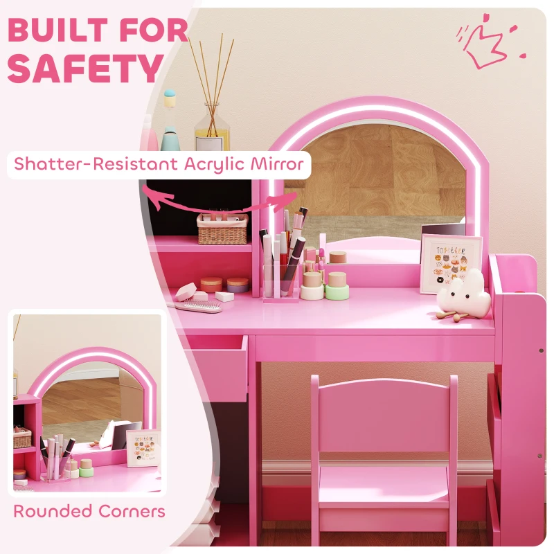 Qaba Kids Vanity Set, Toddler Dressing Table and Chair Set  with Lighted Mirror, Cabinet, Drawer and Shelves, Pink