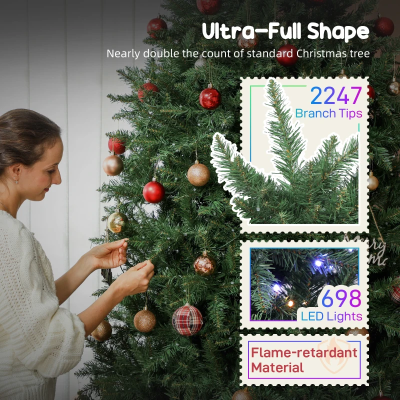 HOMCOM 7.5ft Prelit Christmas Tree with Full-Spectrum LEDs, Smart App Control, Wide Full Hinged Xmas Tree, Easy Assembly