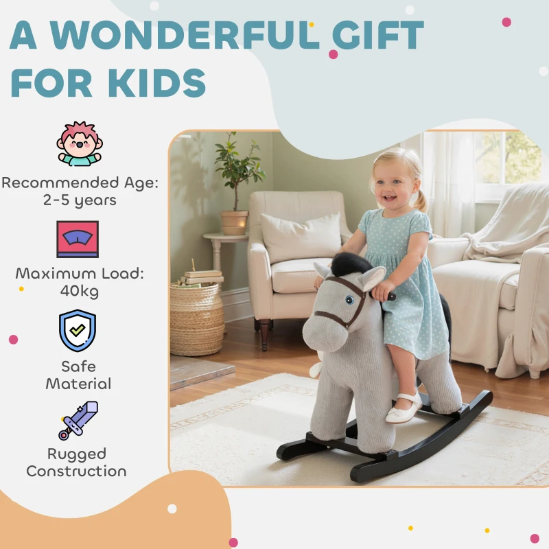 Qaba Kids Rocking Horse, Plush Toddler Ride on Toy with Realistic Sound and Toy for 2–5 Years Old, Gray