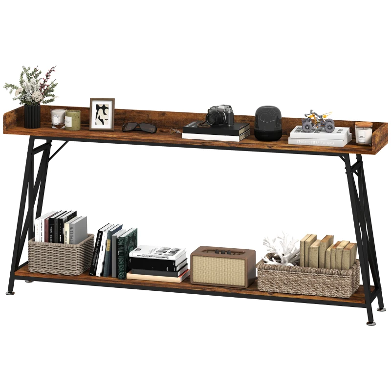 HOMCOM 71" Extra Long Console Table with Storage Shelf and Guardrails, Industrial Entryway Table for Living Room, Rustic Brown