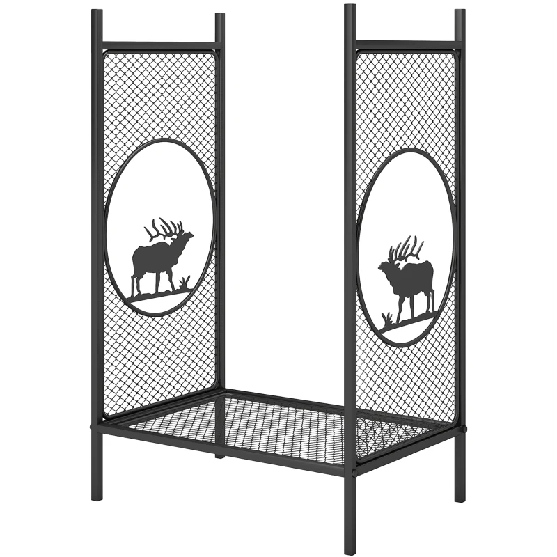 Outsunny Firewood Rack Outdoor, 19" Heavy Duty Metal Fireplace Log Holder with Mesh Sides and Decorative Deer Patterns