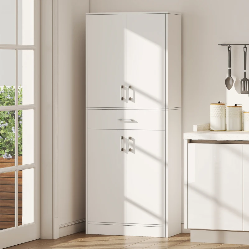 HOMCOM 71" Kitchen Pantry Cabinet with Drawer and Adjustable Shelf, Freestanding Tall Storage Cabinet with 2 Double Door Cupboards, White