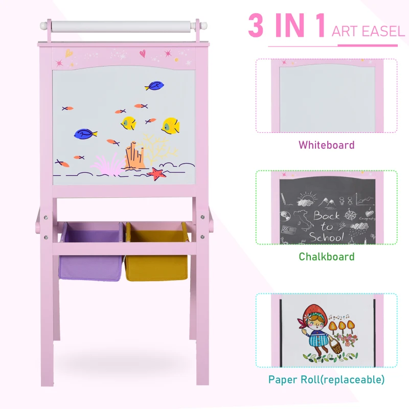 Qaba 3 In 1 Kids Wooden Art Easel with Paper Roll, Double-Sided, Chalkboard & Whiteboard, Storage Baskets, Pink