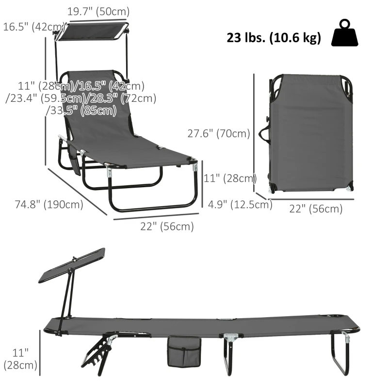 Outsunny 2 Piece Folding Outdoor Chaise Lounges, Pool Tanning Chairs with Reclining Back, Sunshade for Beach, Patio, Dark Grey