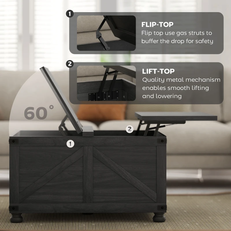HOMCOM Coffee Table with Lift Top, 32" Farmhouse Center Table with Hidden Compartment for Living Room, Black Wood Grain