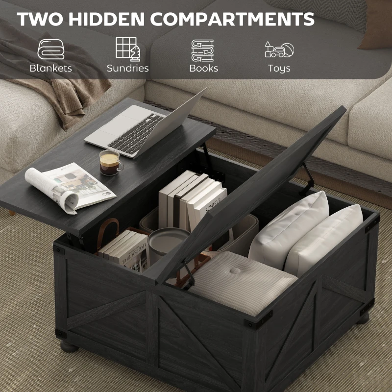 HOMCOM Coffee Table with Lift Top, 32" Farmhouse Center Table with Hidden Compartment for Living Room, Black Wood Grain