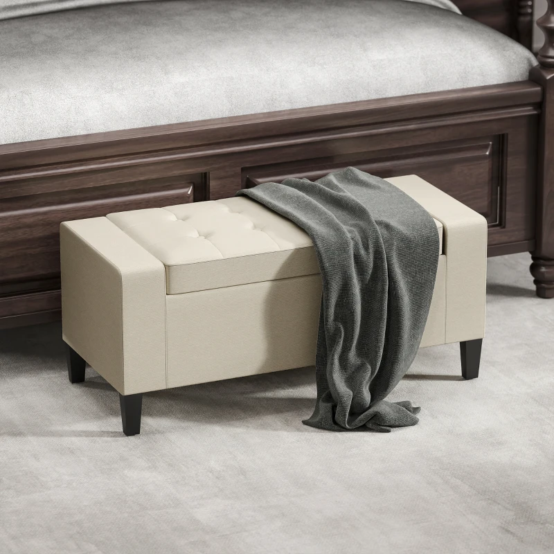 HOMCOM 36" Ottoman with Storage, Storage Ottoman Bench with Lift Top and Rubberwood Legs, Linen Upholstered Entryway Bench with Seating for Living Room, Bedroom, Holds up to 330 lb, Beige