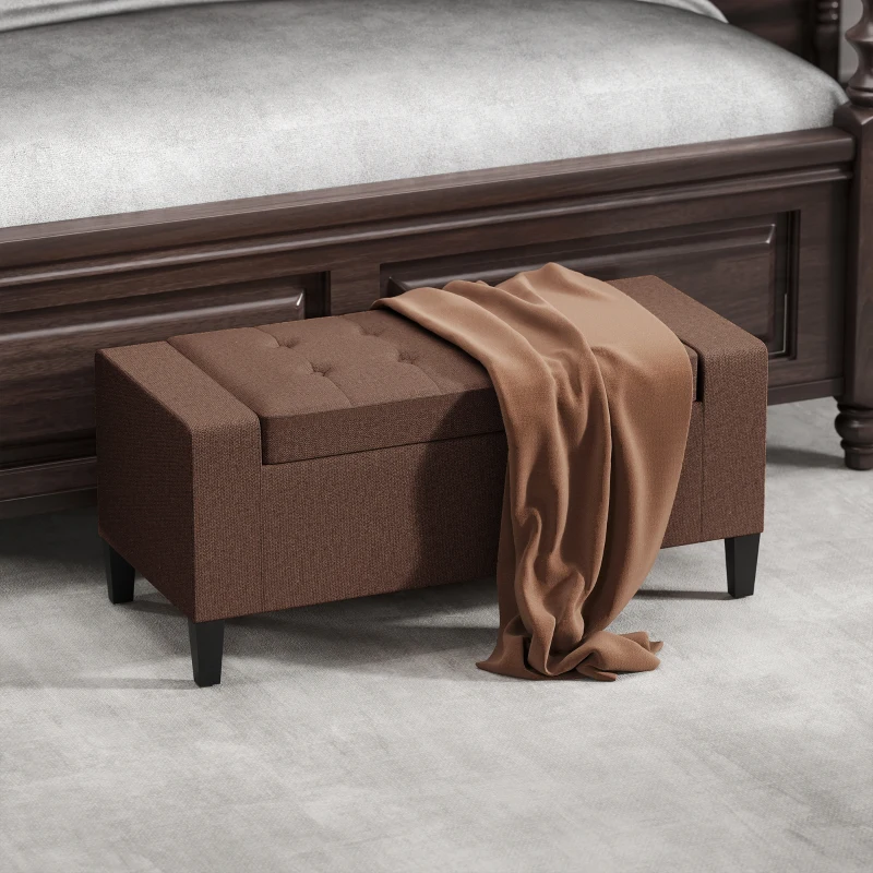 HOMCOM 36" Ottoman with Storage, Storage Ottoman Bench with Lift Top and Rubberwood Legs, Linen Upholstered Entryway Bench with Seating for Living Room, Bedroom, Holds up to 330 lb, Dark Brown