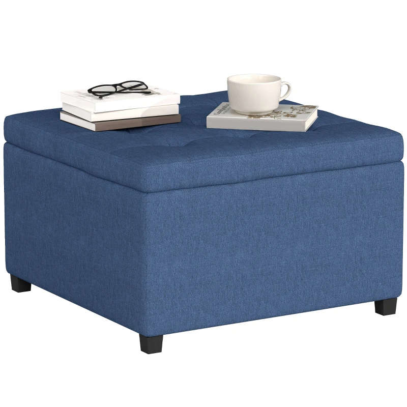 HOMCOM Round Storage Ottoman Bench, Button Tufted Ottoman with Flip Top for Living Room, Entryway and Bedroom, Blue