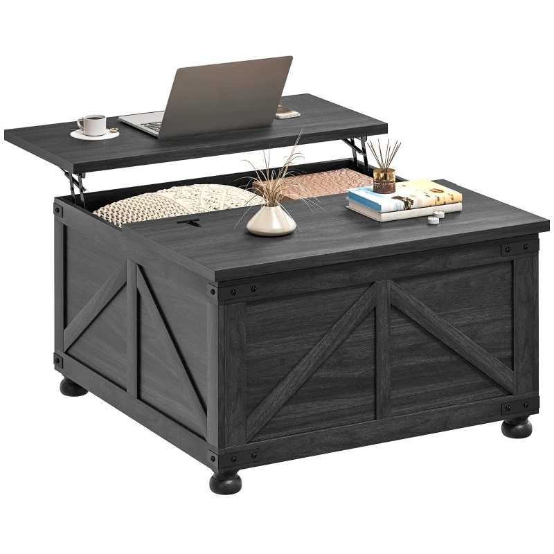 HOMCOM Coffee Table with Lift Top, 32" Farmhouse Center Table with Hidden Compartment for Living Room, Black Wood Grain