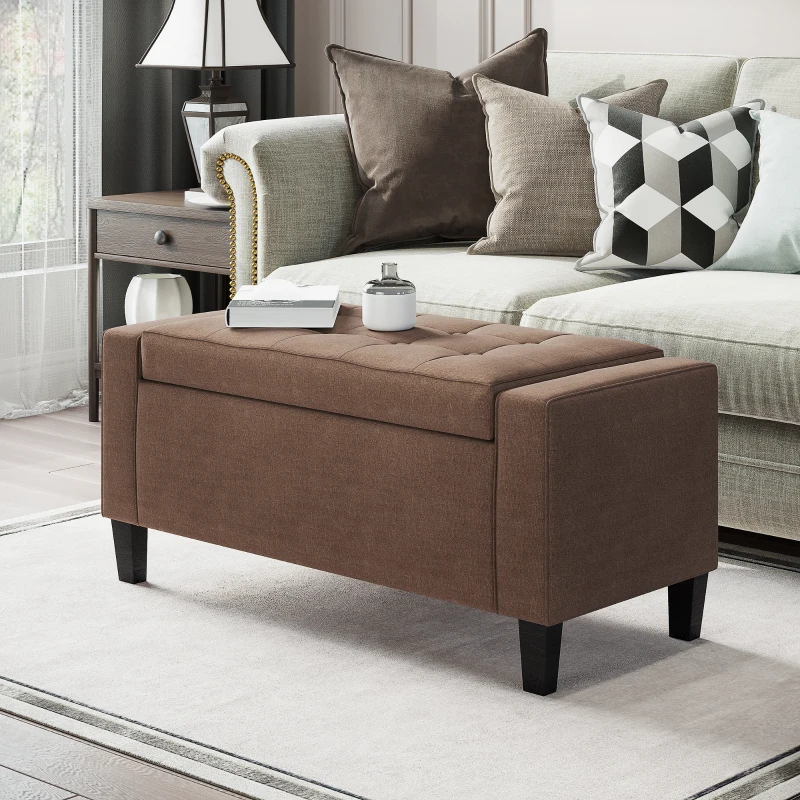 HOMCOM 36" Ottoman with Storage, Storage Ottoman Bench with Lift Top and Rubberwood Legs, Linen Upholstered Entryway Bench with Seating for Living Room, Bedroom, Holds up to 330 lb, Dark Brown