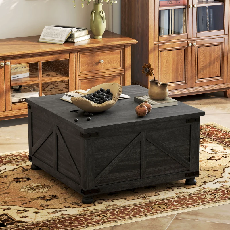 HOMCOM Coffee Table with Lift Top, 32" Farmhouse Center Table with Hidden Compartment for Living Room, Black Wood Grain