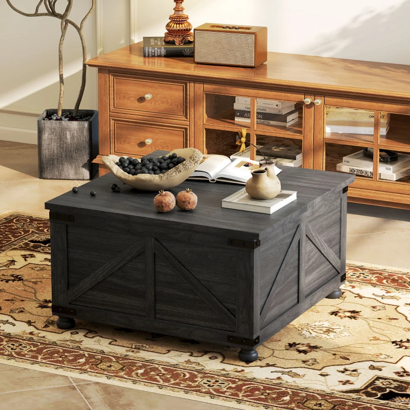 HOMCOM Coffee Table with Lift Top, 32" Farmhouse Center Table with Hidden Compartment for Living Room, Black Wood Grain