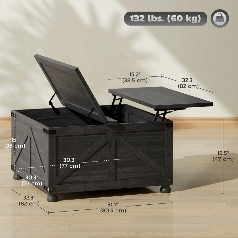 HOMCOM Coffee Table with Lift Top, 32" Farmhouse Center Table with Hidden Compartment for Living Room, Black Wood Grain